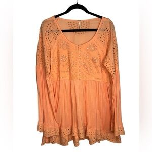 Free People Eyelet Embroidered Sea Of Love Blouse In Sun Blush Size Large